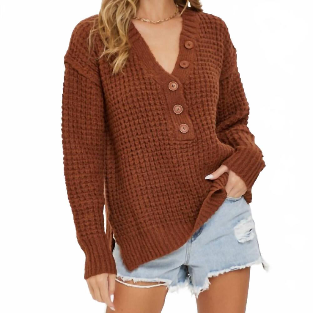 NEW SWEET LOVELY BY JEN women's delaney waffle knit sweater in camel